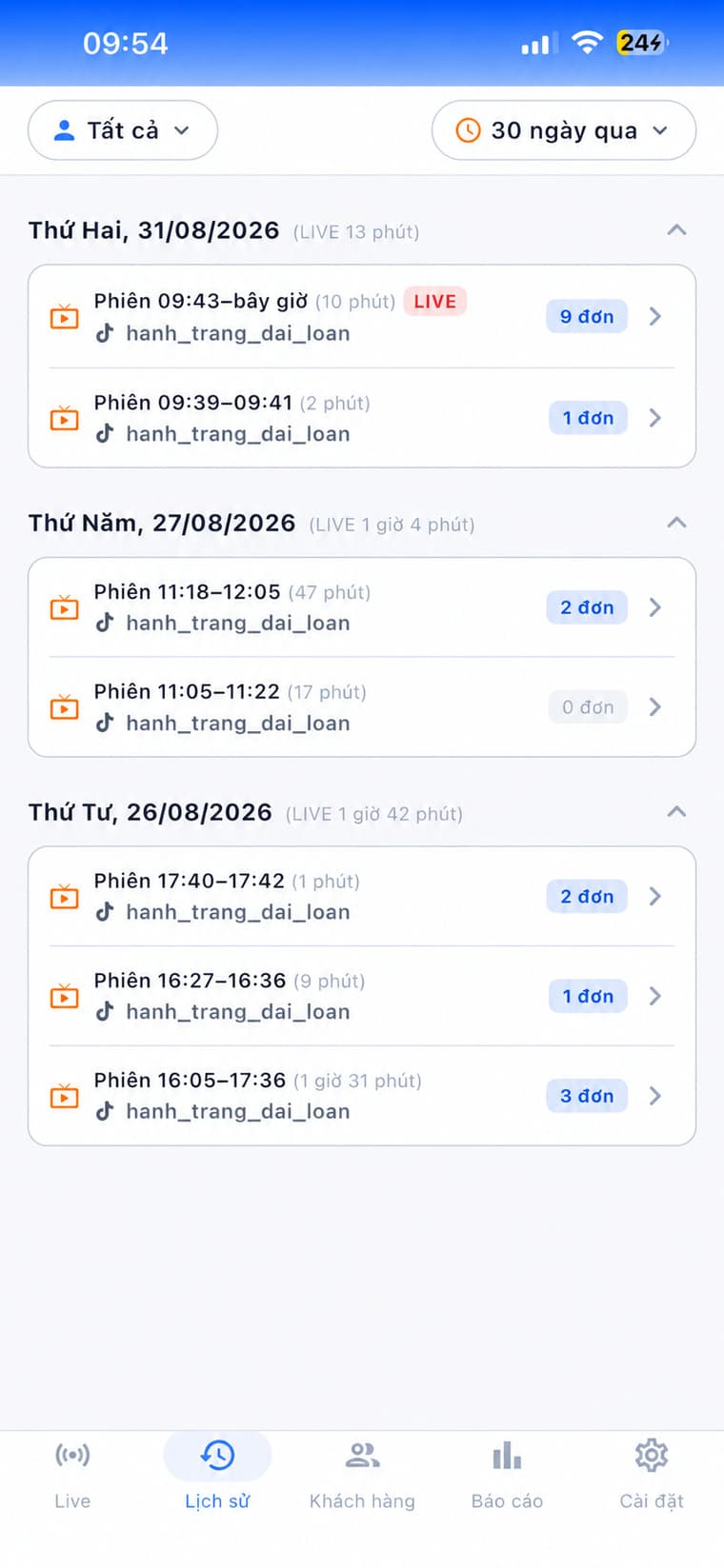 Màn hình lịch sử phiên live trong ChotLive