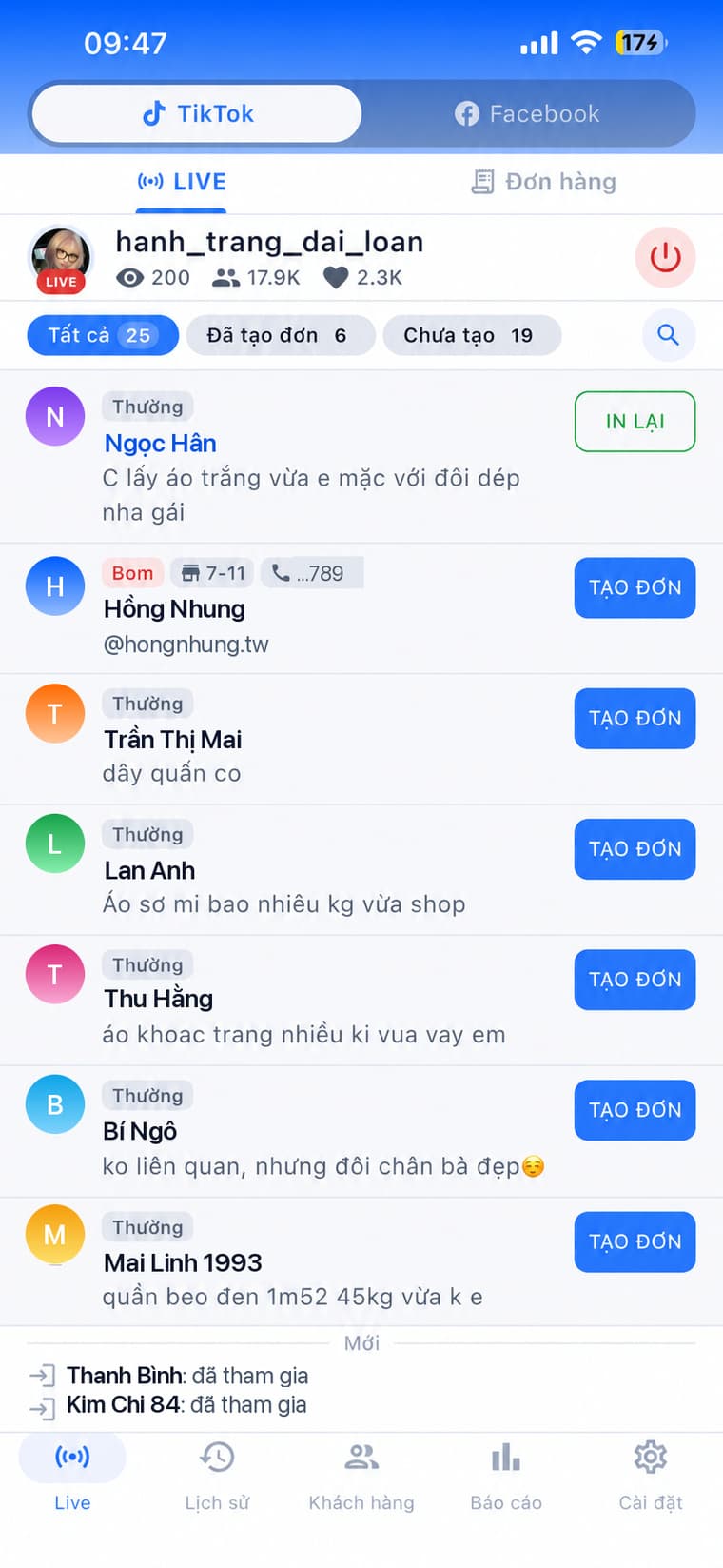 Màn hình Live của ChotLive: bình luận TikTok, nhãn khách và nút tạo đơn