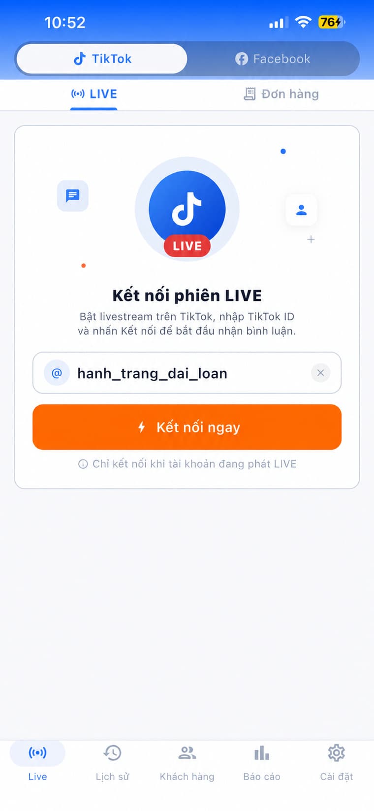 Màn hình kết nối TikTok LIVE trong ChotLive