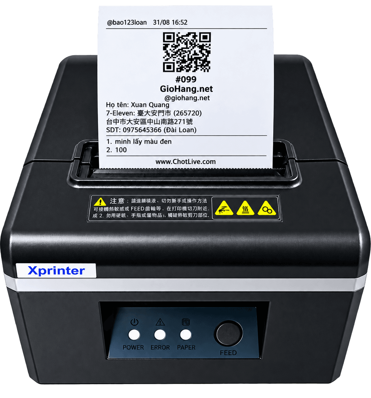 Máy in nhiệt Xprinter đang in phiếu từ ChotLive